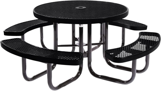 Heavy-Duty Portable Outdoor Picnic Table with Umbrella Hole, Expanded Metal Commercial-Grade Patio Dining Furniture Made in America (46" Round Top, Black)
