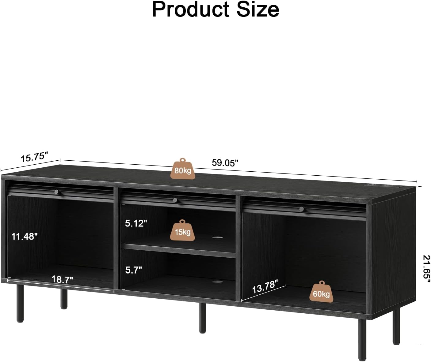 59 Inch TV Stand with Power Outlet for TVs up to 65 Inch, Entertainment Center with Storage, Mid-Century Modern TV Console, Adjustable Shelf & Sliding Doors, TV Stand for Living Room, Bedroom, Black