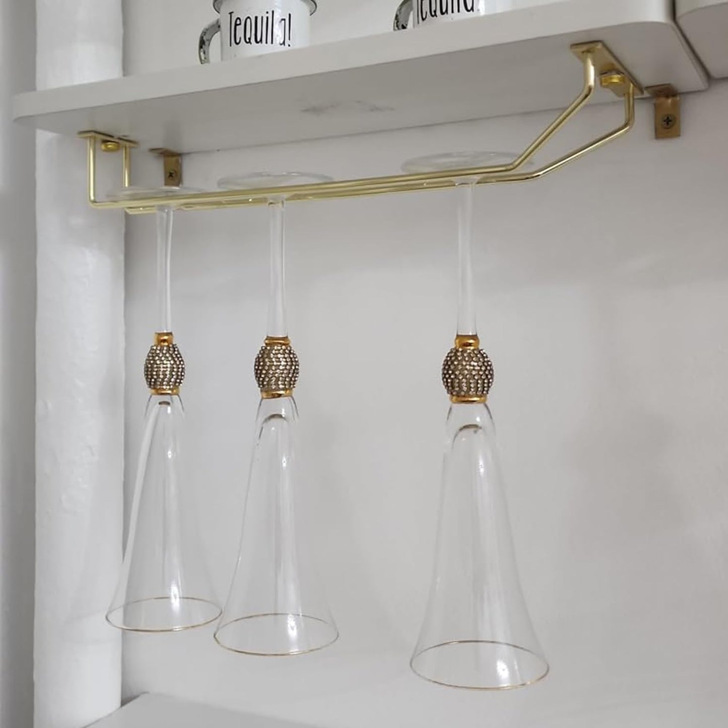 14-Inch Gold Wine Glass Rack, Under Cabinet Wine Glass Holder Stainless Steel Stemware Rack - Hanging Stemware Holder for Cabinet Kitchen Bar, Set of 4