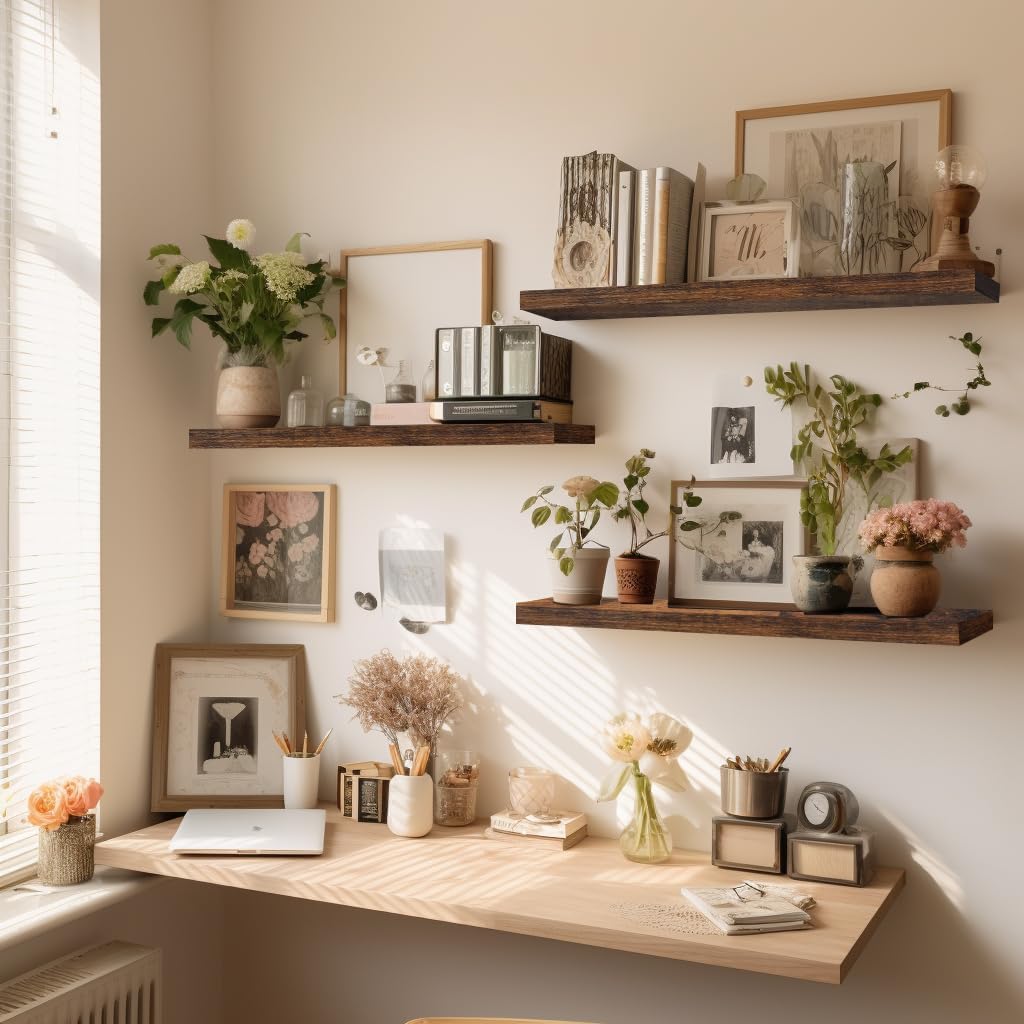 LaVie Home Floating Shelves, 24 Inch Wall Shelf Set of 2, Hanging Shelf with Invisible Brackets, Wall Decor for Bathroom, Bedroom, Living Room, Kitchen Storage, Rustic Brown