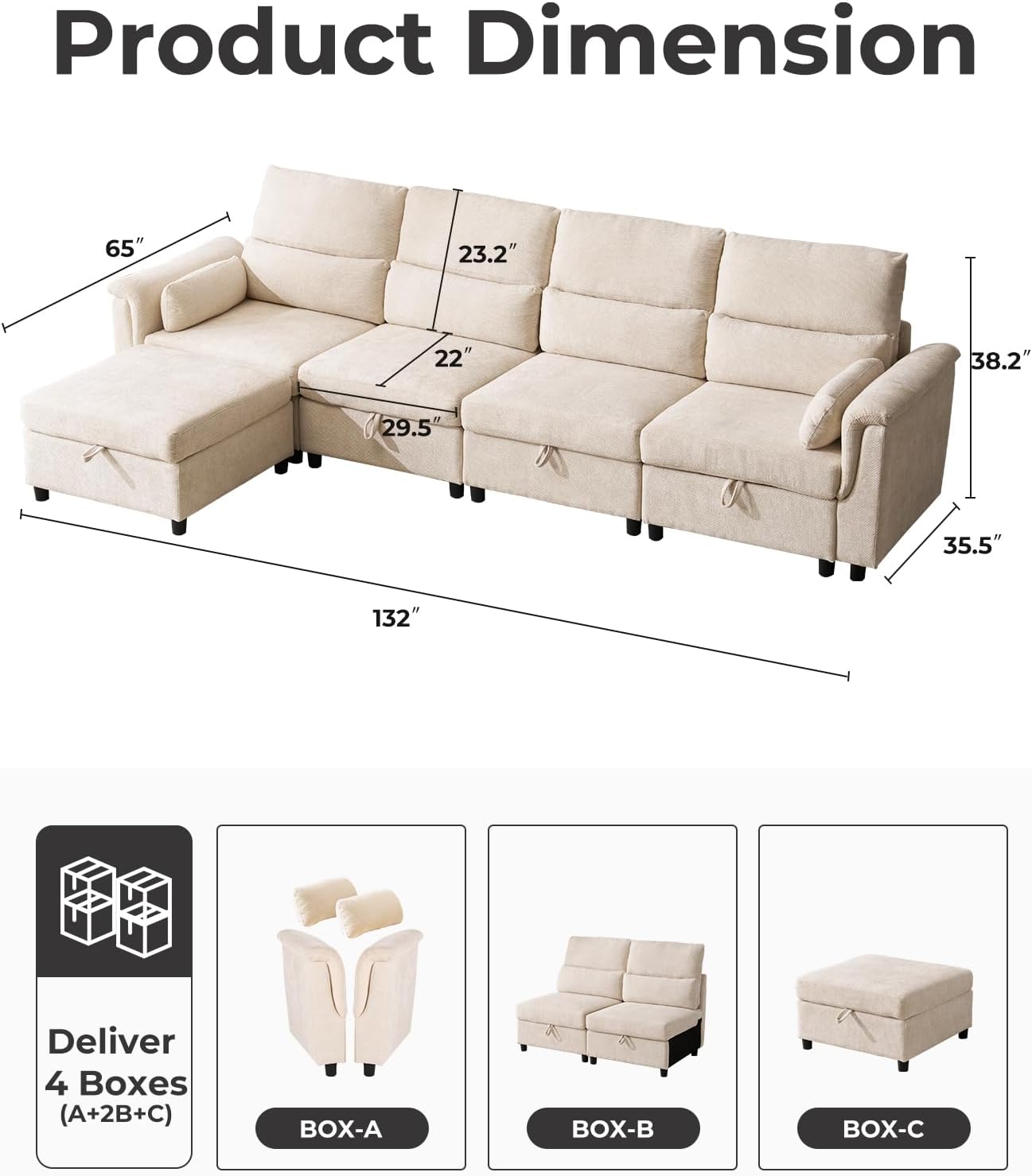 132'' Oversized Modular Sectional Sofa, L Shaped Comfy Cloud Sectional Couch with Storage, 5 Seat Extra Deep Seat Modular Sofas with Throw Pillows for Living Room, Beige