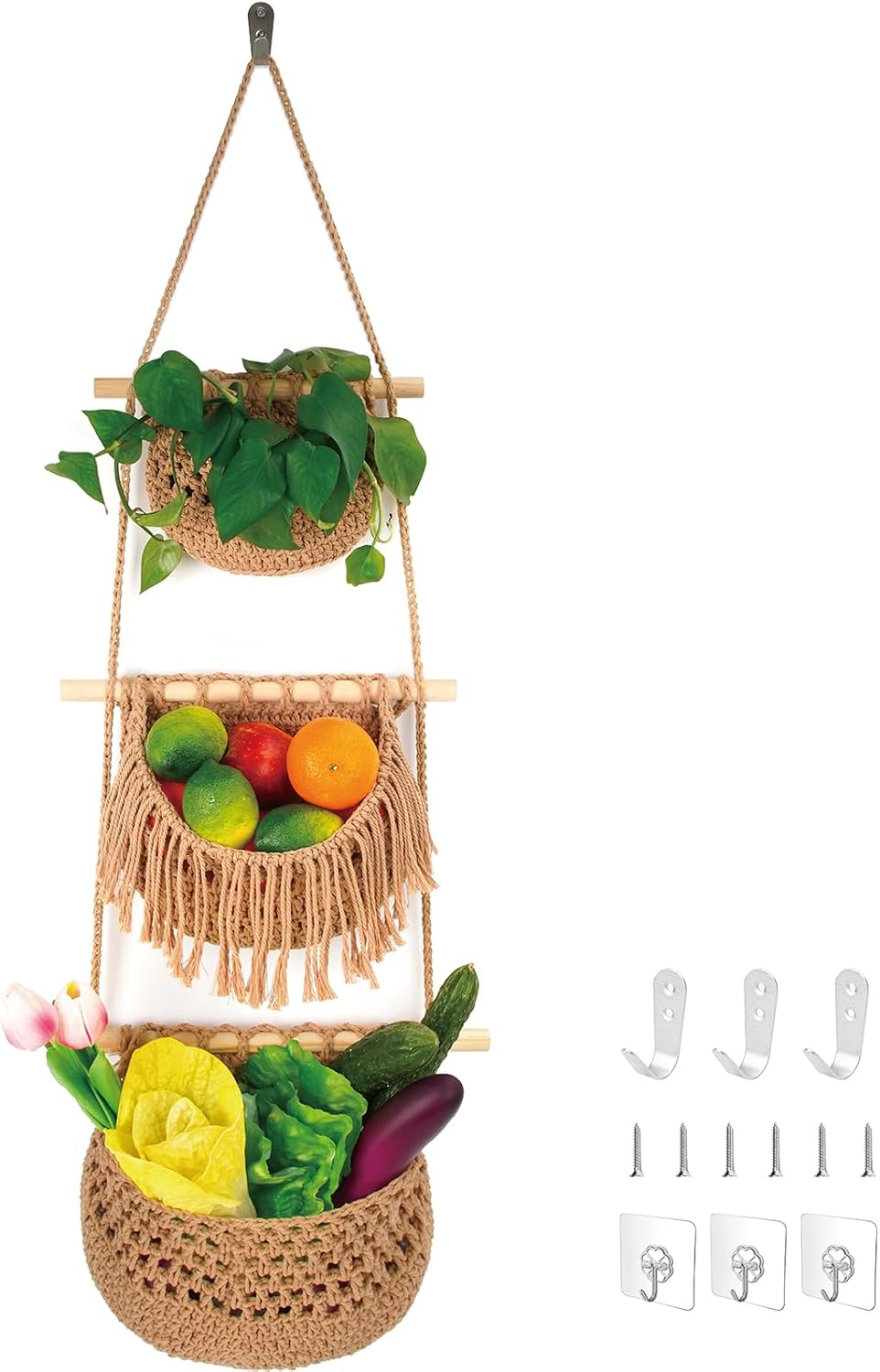 3 Tier Hanging Fruit Basket for Kitchen, Handmade Woven Cotton Hanging Wall Basket for Fruit Vegetable with 6 Hooks, Boho Style Over The Door Organizer for Living Bathroom Bedroom