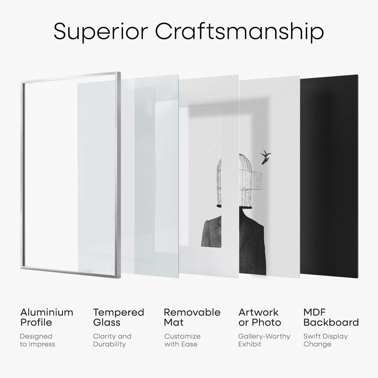 Homeforia Silver 14x14 Picture Frame, High End Metal 14 x 14 Square Frame with Mat 12 x 12 Photo, 14x14 Poster Frames Matted to 12x12 Print, 14 by 14 Hanging Frames, Tempered Glass, Wall Kit, Set of 1