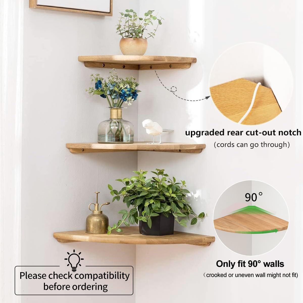 Corner Shelves, Floating Corner Shelf, Set of 2 10inch Solid Oak Wood Corner Wall Shelves, Round End Wall Mount Display Shelf with Wire Hole for Bedroom Kitchen, Living Room