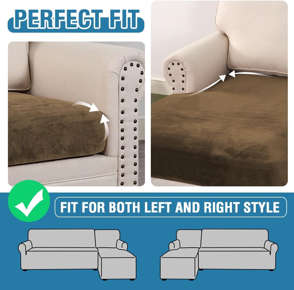 H.VERSAILTEX Velvet Stretch Sectional Couch Covers 4 Pieces Sofa Seat Cushion Covers L Shape Separate Couch Cover for Both Left/Right Sectional Couch (Large Sofa 3 Seater + 1 Chaise, Bronze Brown)