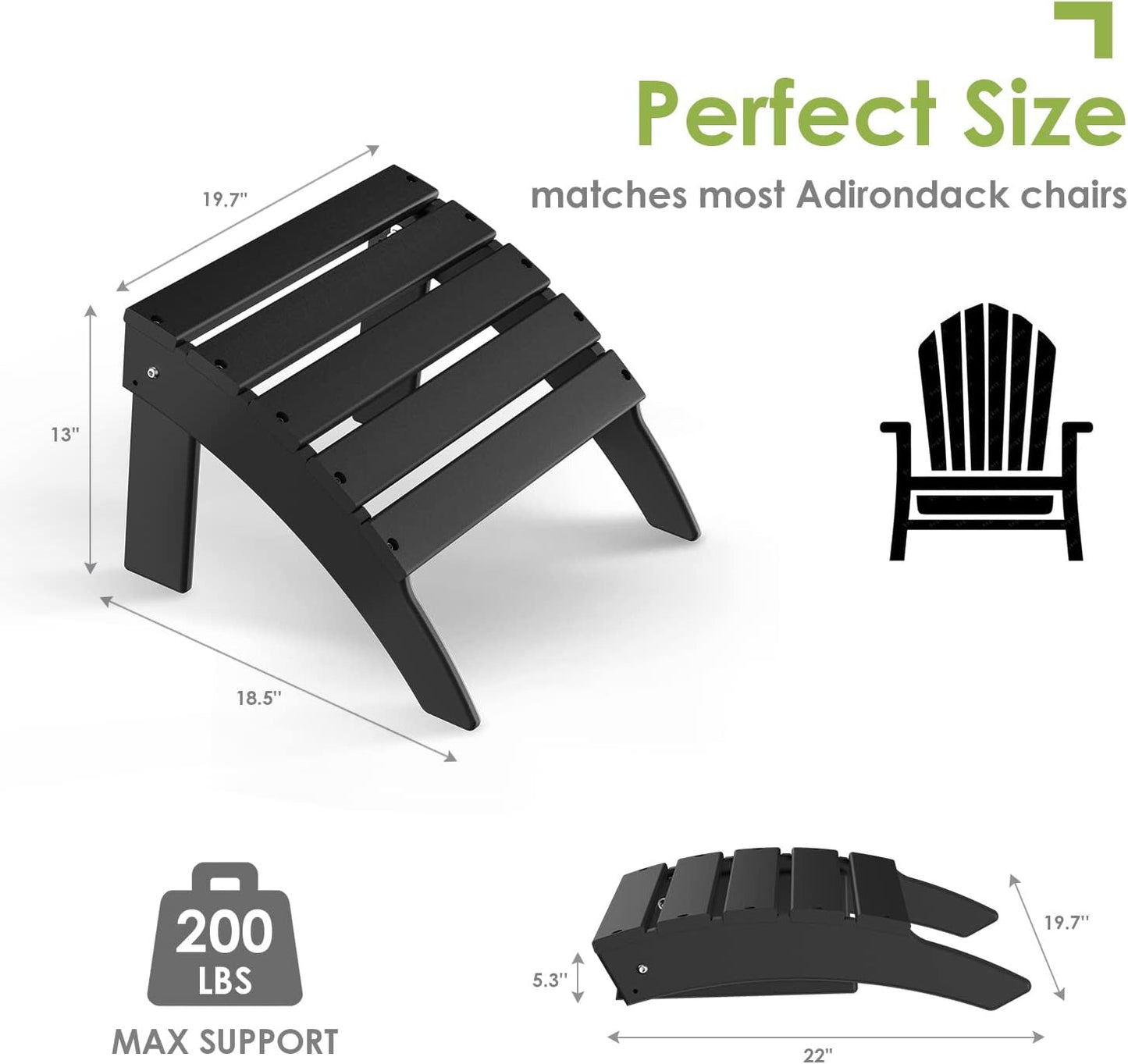 GREENVINES Adirondack-Ottoman | Set of 4 | HDPE Plastic | Outdoor Footrest | All Weather | Foot Rest | Foot Stool | Black | for Adirondack Chair | for Patio Backyard Pool