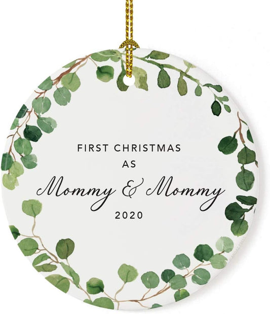 Andaz Press Custom Year Round Ceramic Porcelain Christmas Tree Ornament Keepsake Collectible Gift, First Christmas as Mommy & Mommy 2025, Farmhouse Eucalyptus Wreath, 1-PackLesbian Couple