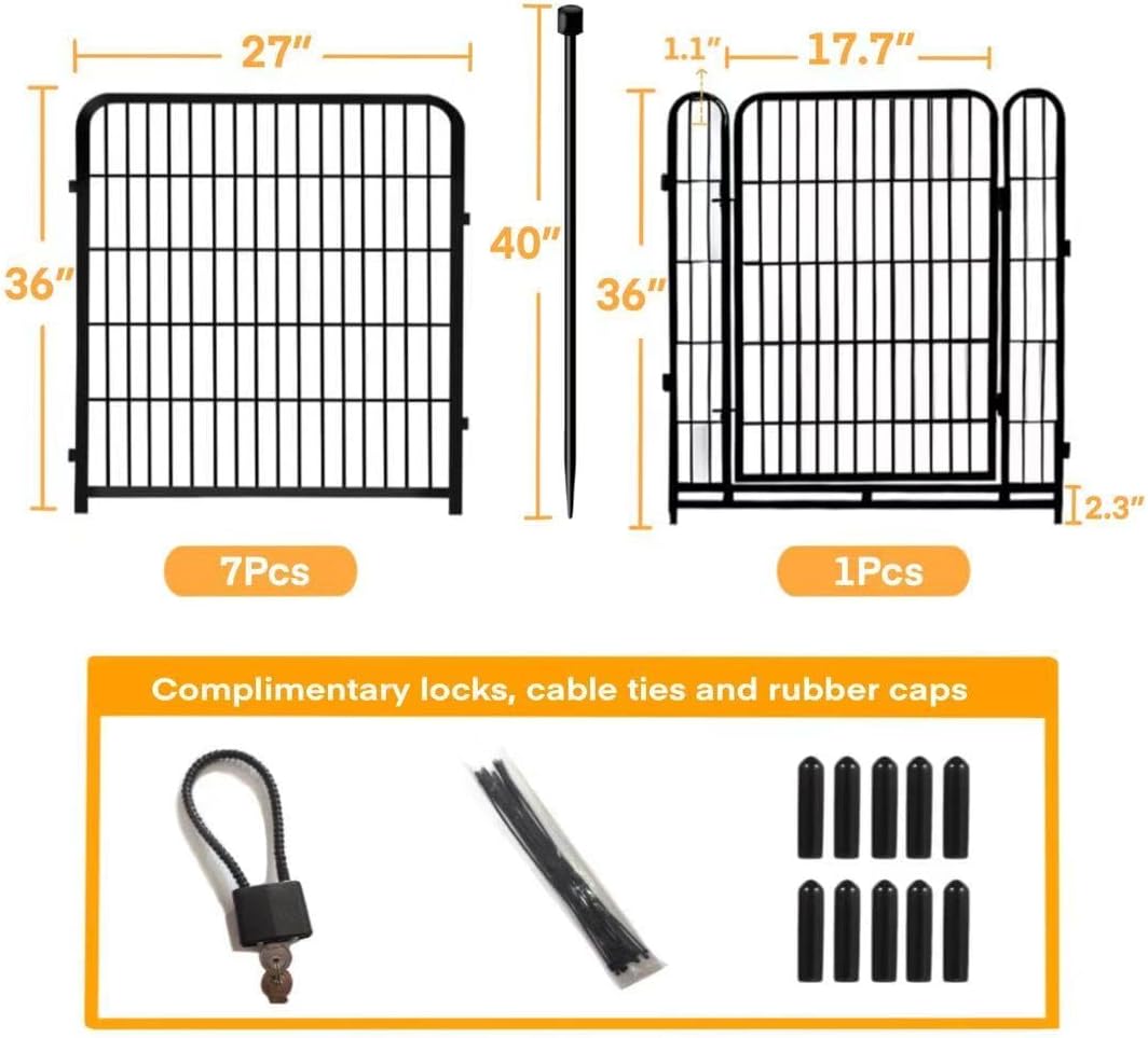 36 in(H) Garden Fence With Gate, Wide Gate Low Threshold, 8 Panels Total 17.7 ft(L) Heavy Duty Iron Animal Barrier Fence For Yard, Suitable For Indoor Or Outdoor Dog Fencing,Garden Border Fence