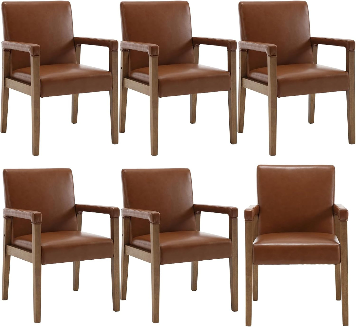 Kmax Modern Dining Chairs Set of 6 Faux Leather Kitchen Arm Chairs Upholstered Accent Chairs with Wooden Legs for Dining Room, Living Room, Bedroom, Brown