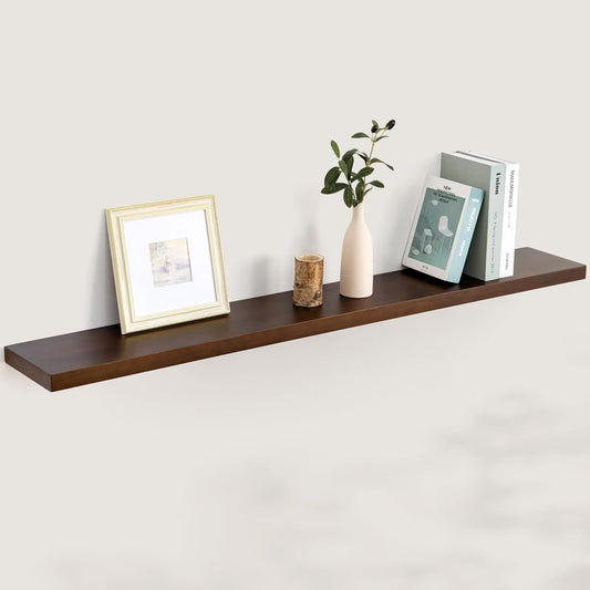 Floating Shelves 55 Inches Long - 8 Inch Deep Rustic Solid Pine Wood for Storage - Farmhouse Wall Mounted for Living Room - Heavy-Duty Metal Bracket - 55" W x 8" D - American Walnut Color