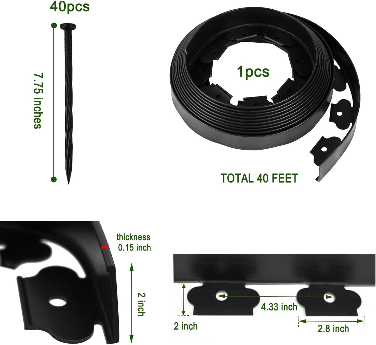 Hugeleaf Landscape Edging 2 Inch Tall, 40 Feet Garden Edging Border with 40Pcs Stakes,Lawn Border for Landscaping, Flower Beds(Black)