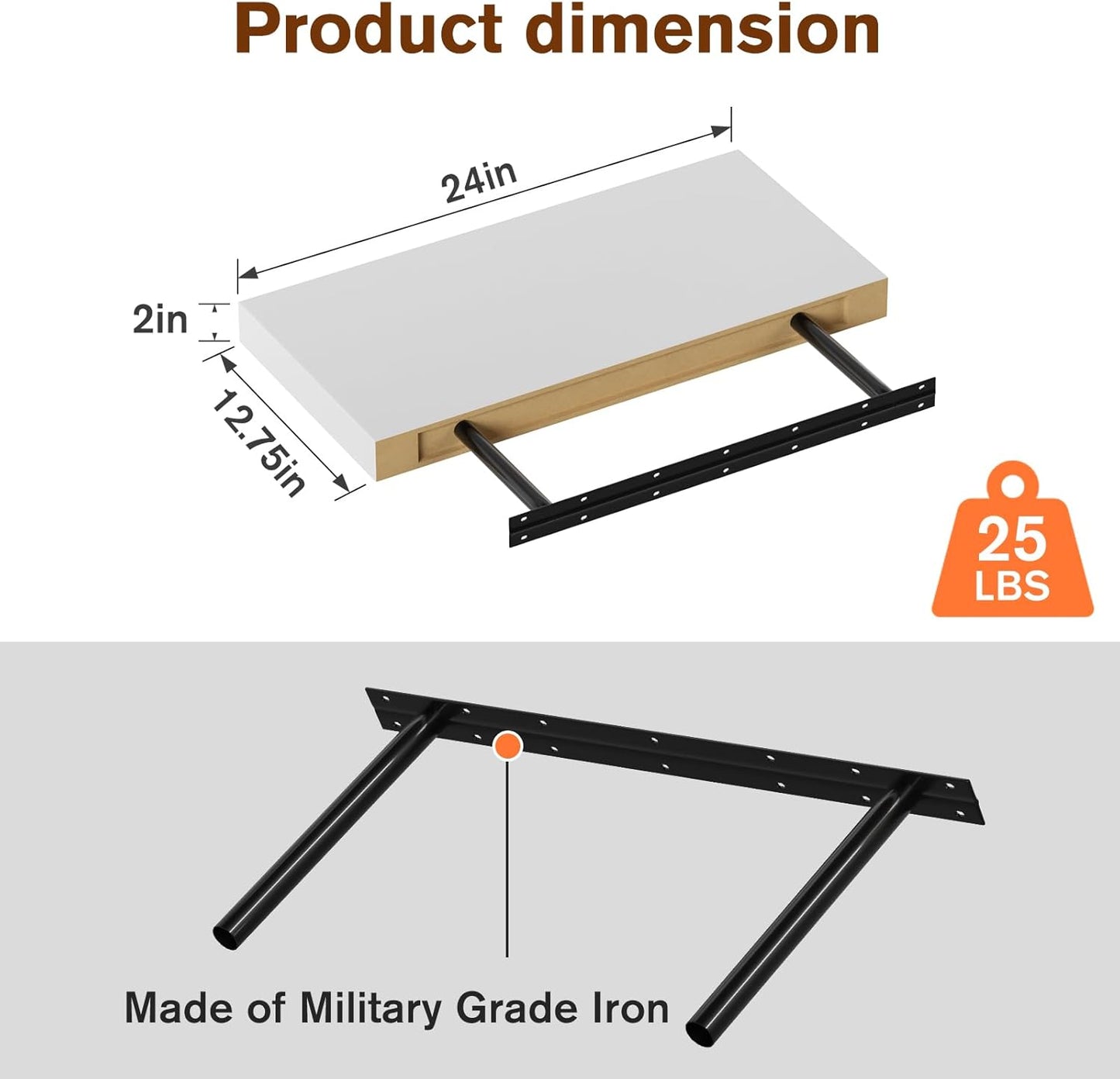 Large Floating Shelves for Wall Set of 1 Wooden Wall Shelves 24 in x 12.75 in x 2 in Room Decor Long Shelf with Invisible Wall Mount Bracket for Bedroom Kitchen Living Room White