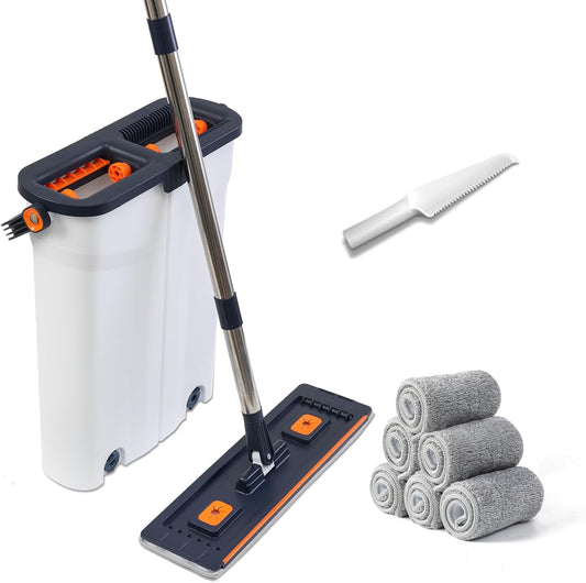 360° Mop and Bucket Set with Wringer – Microfiber Floor Mop System for Home Cleaning – Long Handle, Wash & Dry Dual Tank, Extra Absorbent Pads, Space-Saving Design for Hardwood, Tile & Laminate Floors