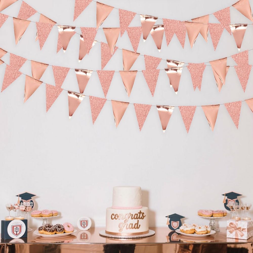 30Ft Rose Gold Party Decoration Rose Pink Triangle Pennant Banner Blush Pink Hanging Paper Flag Bunting for Graduation Wedding Bridal Shower Birthday Bachelorette Engagement Anniversary Party Supplies