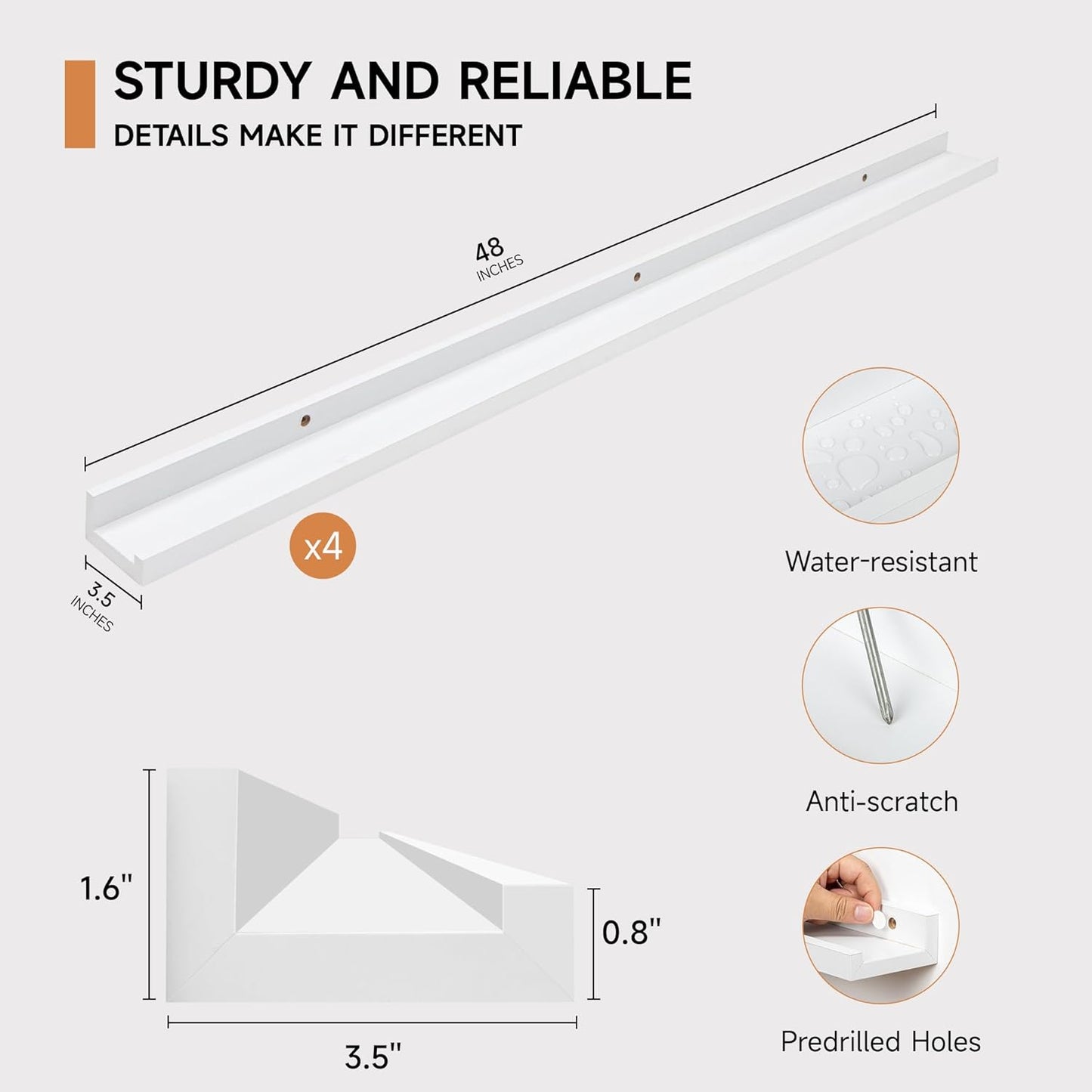 Picture Ledge Shelf for Wall, Floating Shelves Set of 4, 48 Inch Long Nursery Book Shelves for Toys Storage, Kids Bookshelf Wall Mounted for Books Photo Frames, White