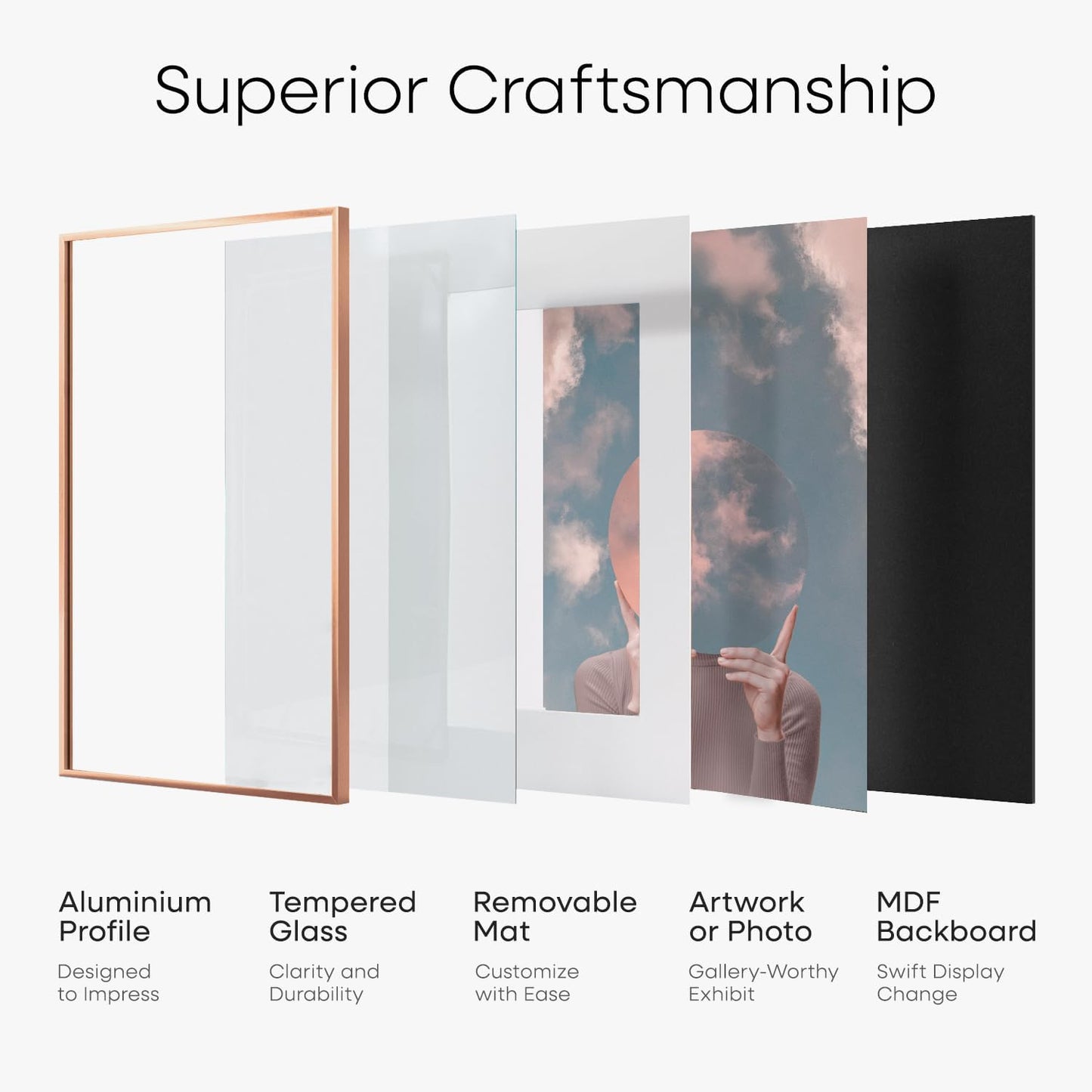 Homeforia 24x24 Picture Frame Rose Gold, High End Metal 24 x 24 Large Square Poster Frame with Mat 20 by 20 inch Photo, 24by24 Thin Frames Matted to 20x20 for Print, Tempered Glass, Wall Kit, Set of 1