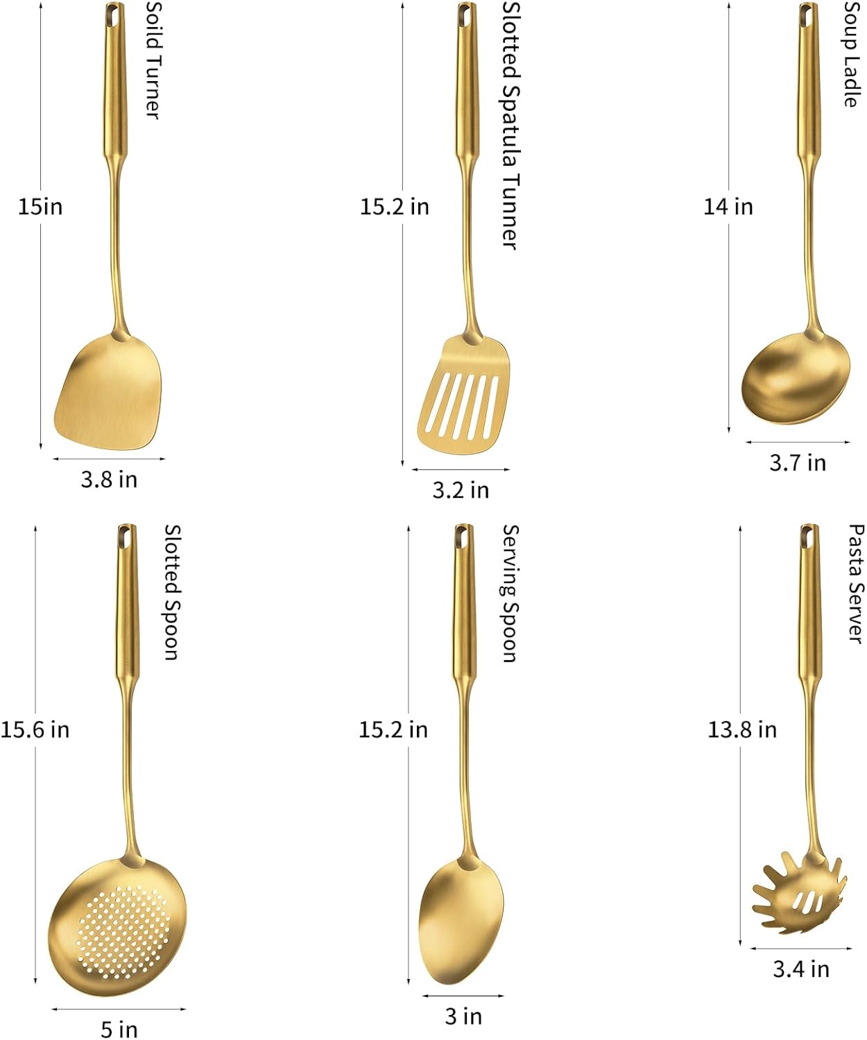 304 Stainless Steel Cooking Utensil,Kitchen Kitchen Utensil with Spatula, Solid Spoon, Ladle, Skimmer, Spaghetti Spoon, 6 Piece Set, Dishwasher Safe(Gold)