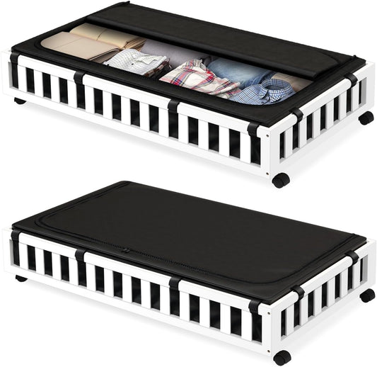 2 Pack Bamboo Under Bed Storage with Wheels, 39”x20”x7.8” Lager Under Bed Storage Containers (White)