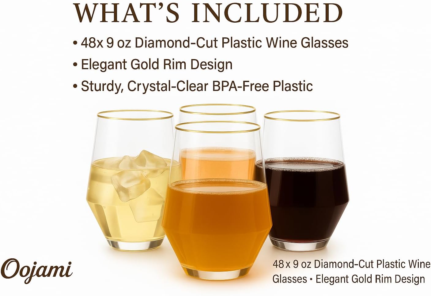 48 Pack Diamond Unbreakable Stemless Plastic Wine Stemless Toasting coacktail Glasses, Durable 9 Oz BPA-Free Disposable Champagne Flutes for Weddings, Bars, Events, and Celebrations (Diamond Gold Rim)