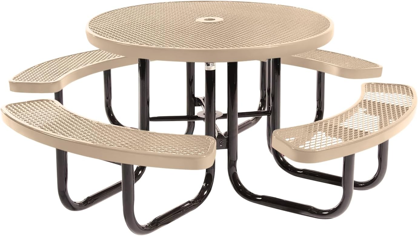 Heavy-Duty Portable Outdoor Picnic Table with Umbrella Hole, Expanded Metal Commercial-Grade Patio Dining Furniture Made in America (46" Round Top, Tan)