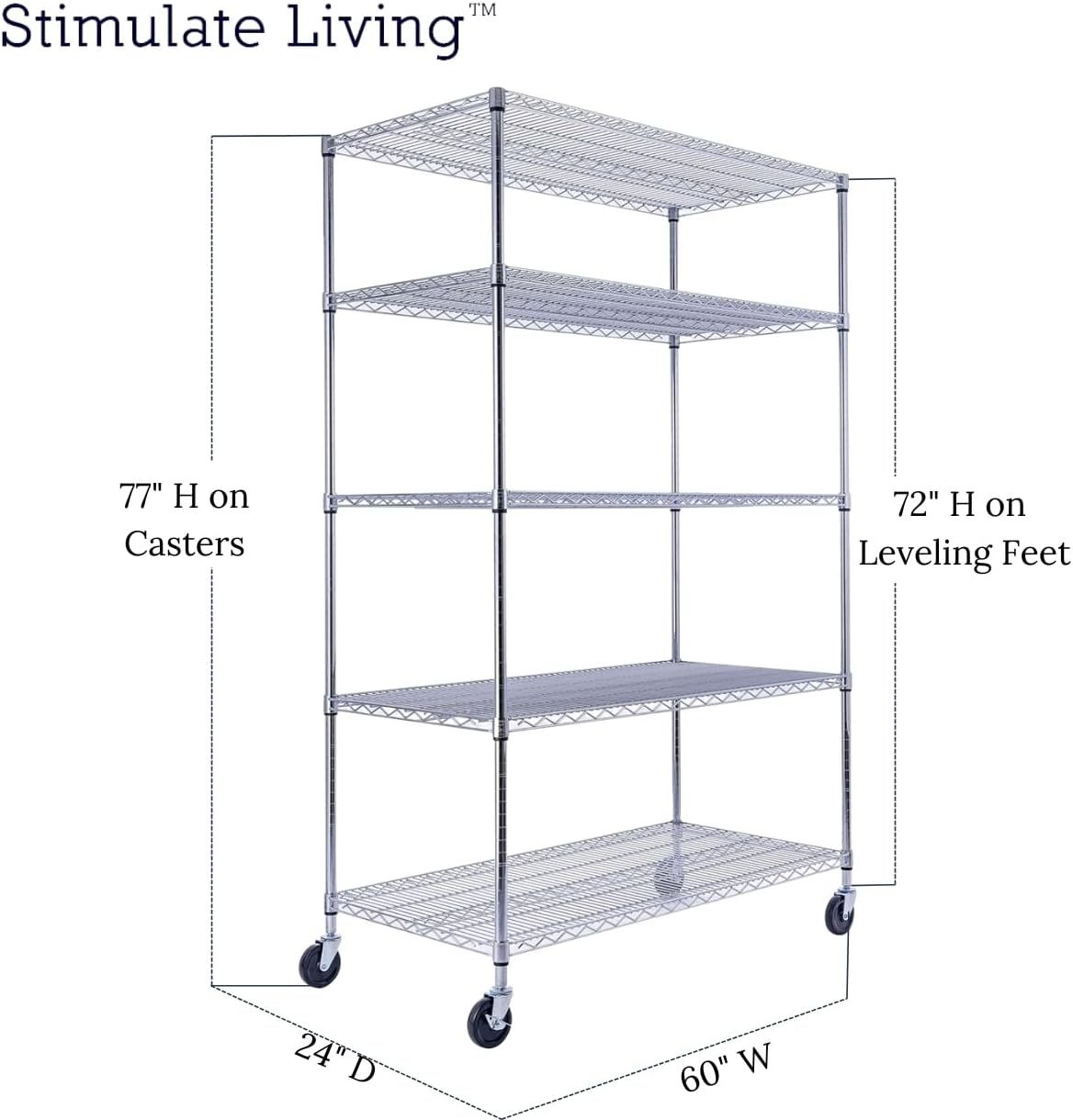 48"x24"x72" Prime Heavy Duty Chrome 5-Tier Steel Wire Shelving NSF 4000 LBS MAX Capacity Storage Rack for Commercial, School, Home, Garage, Warehouse, Industrial, and Hospital Uses (with Wheels)