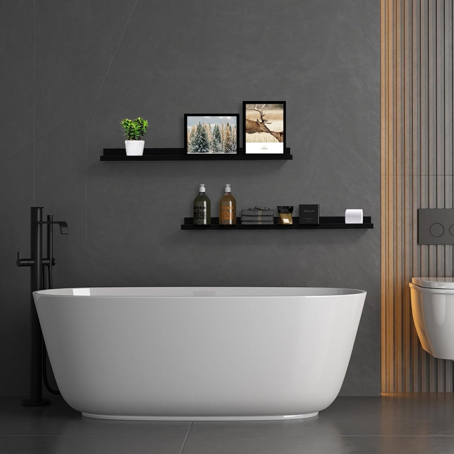 AZSKY Picture Ledge Shelf, Floating Shelves Set of 2, 48 Inches Picture Shelves for Wall with Ledge, Long Shelf Wall Mounted for Living Room Bedroom Decor Books Photo Frames - Black