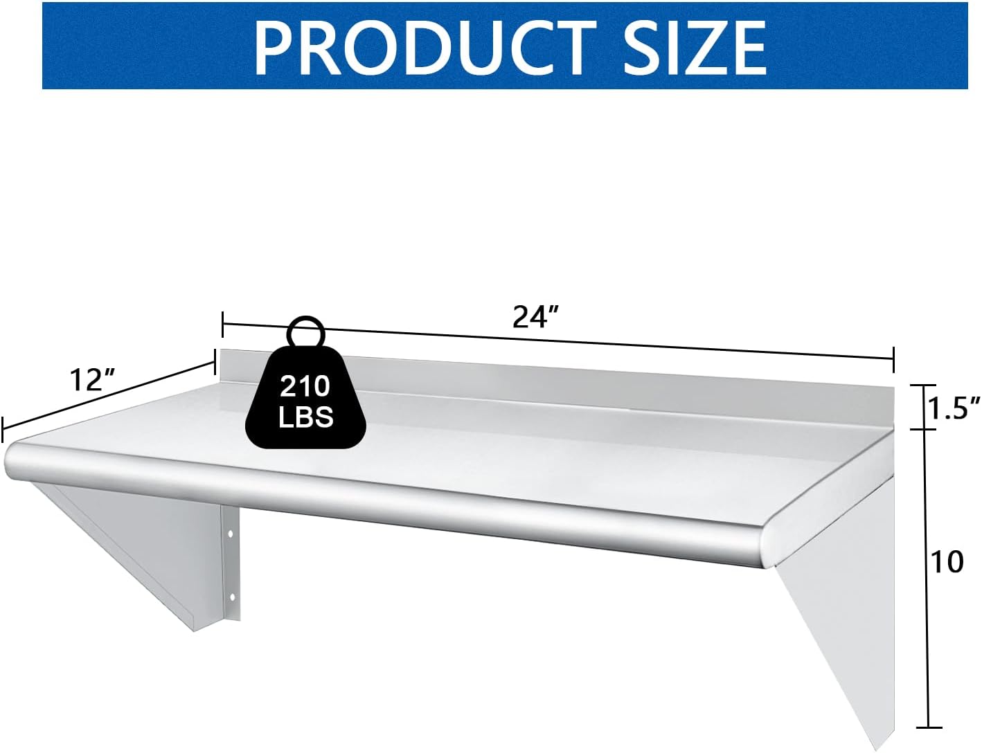 HARDURA Stainless Steel Shelf 12" x 24", 210lb Commercial Shelves Wall Mount Metal Shelving with Backsplash and Brackets for Kitchen, Restaurant, Laundry Room and Home