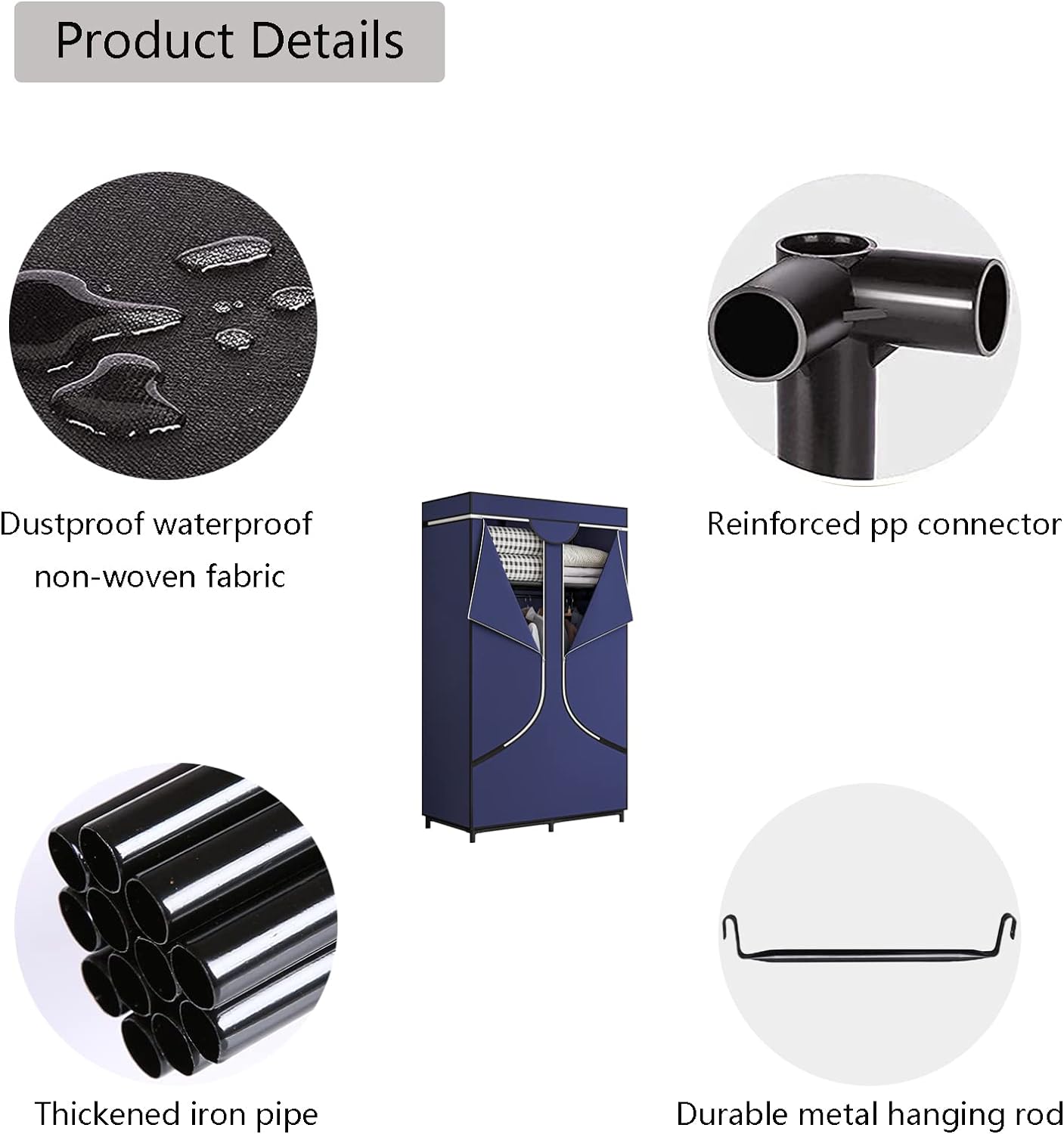 SORCEDAS Portable Wardrobe Closet Storage Organizer Metal Hanging Rack Non-Woven Fabric 34 Inch Coffee (34 Inch, Blue)