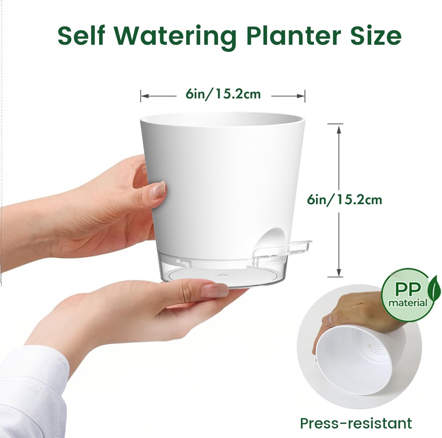 6 inch Self Watering Pots for Indoor Outdoor Plants, 3 Pack Flower Plant Pots with Drainage Holes and Clear Reservoirs, Visible Water Level, Plastic Planters with Wicking Rope, White