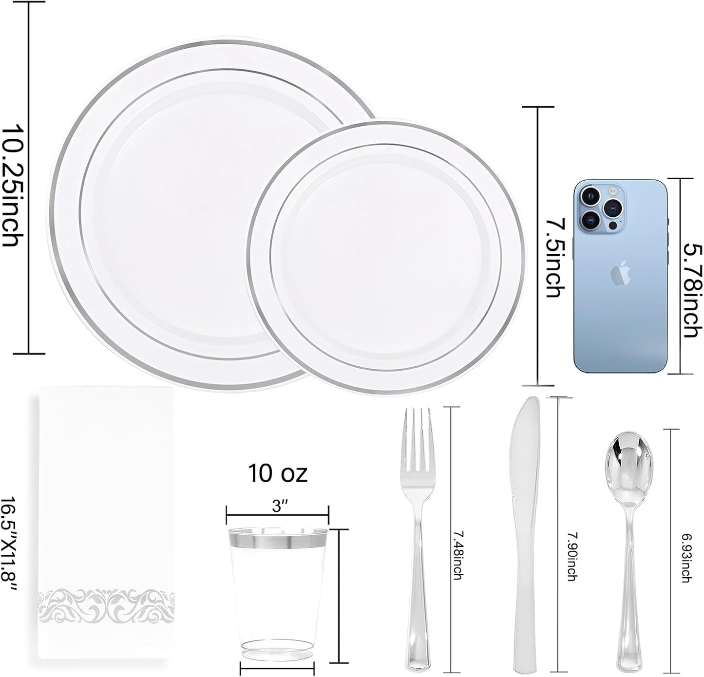350 Pcs Silver Plastic Plates - Silver Dinnerware Set of 50 Dinner Plates 50 Dessert Plates 50 Silverware 50 Napkins 50 Cups for Party&Wedding