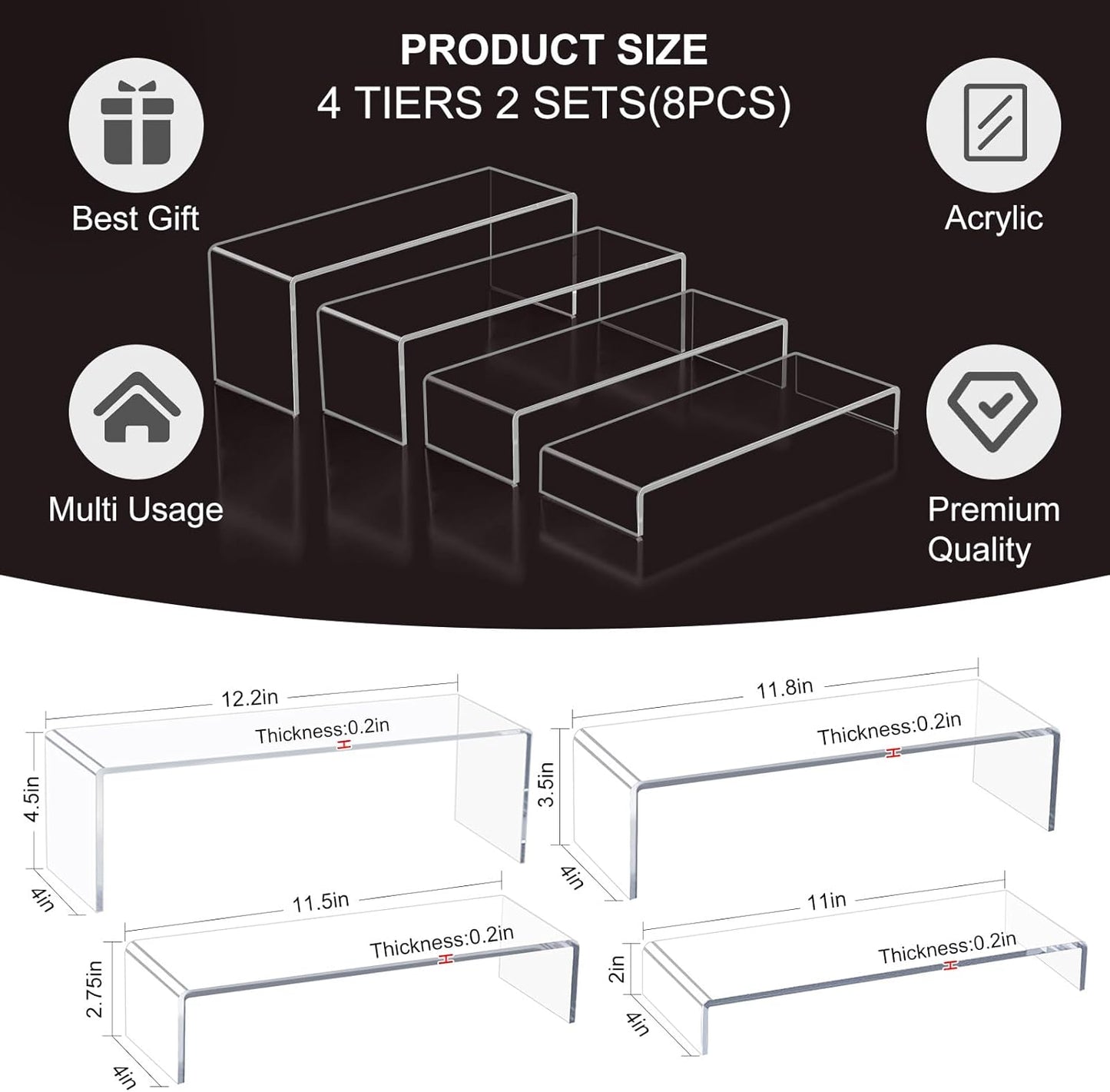 Acrylic Display Risers,12'' Large Display Stands, Thickened to 0.2''(5mm) Stackable Acrylic Shelves for Perfume Display, Clear Risers for Cupcake Stand,Pop Figurines,Tumbler,Food (Clear, 8PCS)