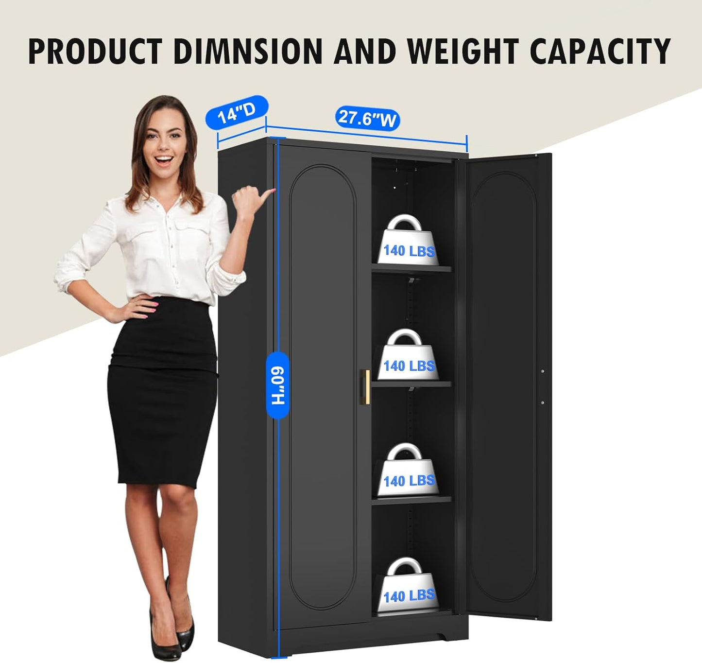 60" Tall Kitchen Pantry Cabinet, Metal Pantry Cabinet with Doors and Adjustable Shelves, Black Utility Storage Cabinet with Handles for Dining Room, Bathroom, Laundry Room - Assemble Required