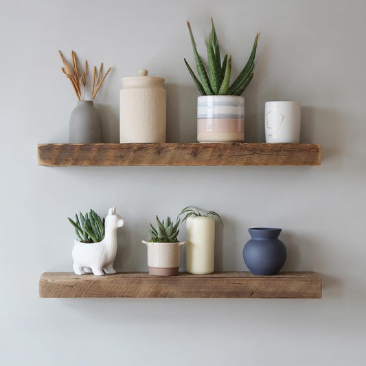 Urban Legacy Reclaimed Barnwood Planks | Floating Shelves for Wall w/Flush Mount Shelf Bracket Set Included | Set of 2 (Natural, 18" x 7" x 2")