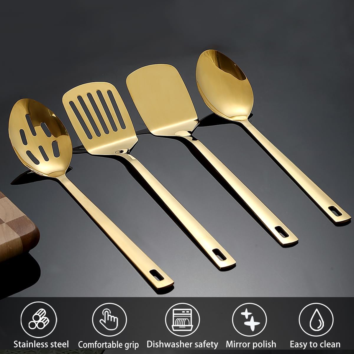 Homquen Gold Kitchen Utensils Set 4pcs, Titanium Gold Plating Stainless Steel Cooking Utensils Set, Kitchen Tools Spatulas Set, Cooking Spoons, Home Essentials Kitchen Gadgets Accessories