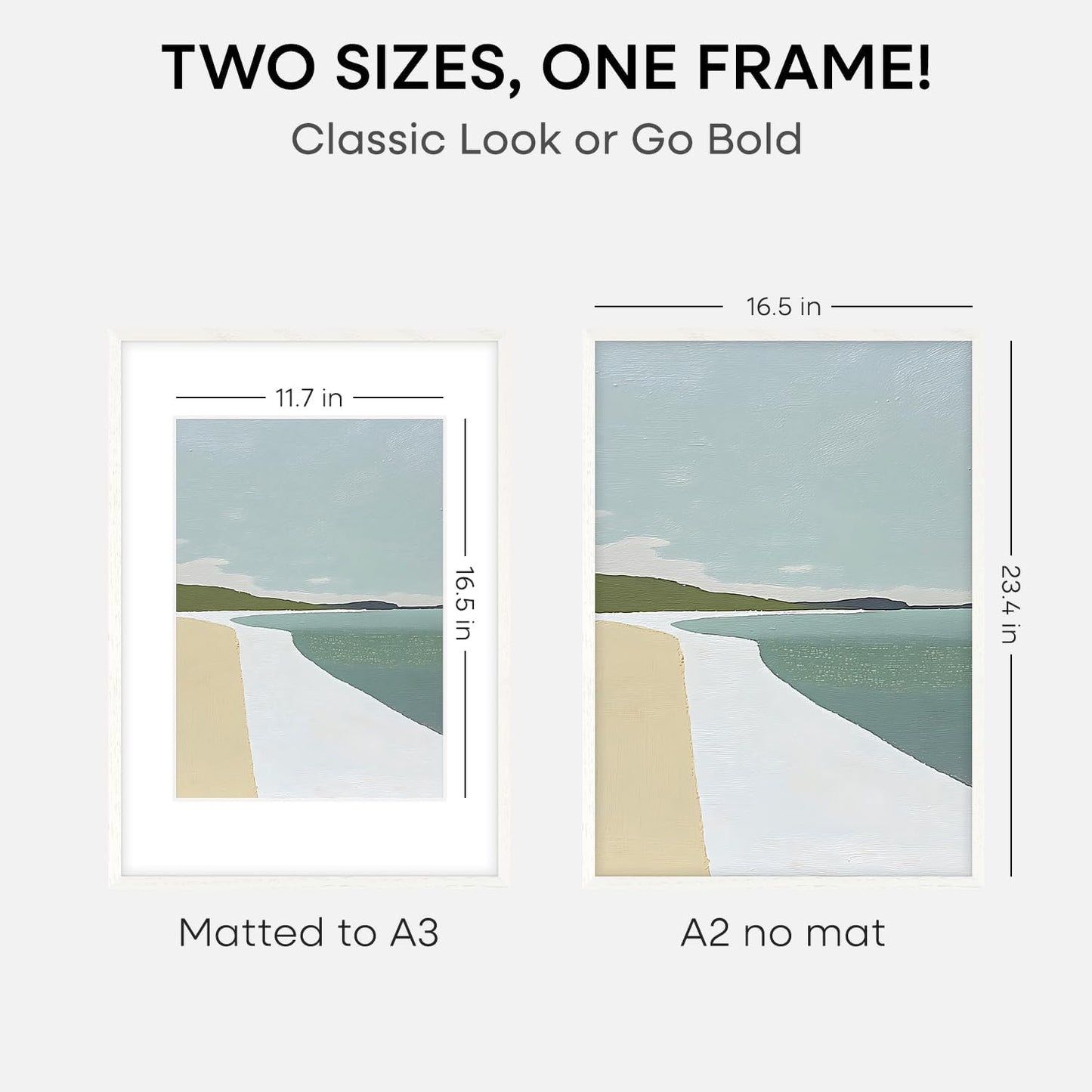 Homeforia A2 White Wood Frame, High End Oak 16.5 x 23.4 White Wooden Poster Frames Matted to 11.7 by 16.5 in Photo, A2 Size Wood Picture Frame with Mat A3 for Print, Tempered Glass, Wall Kit, Set of 1