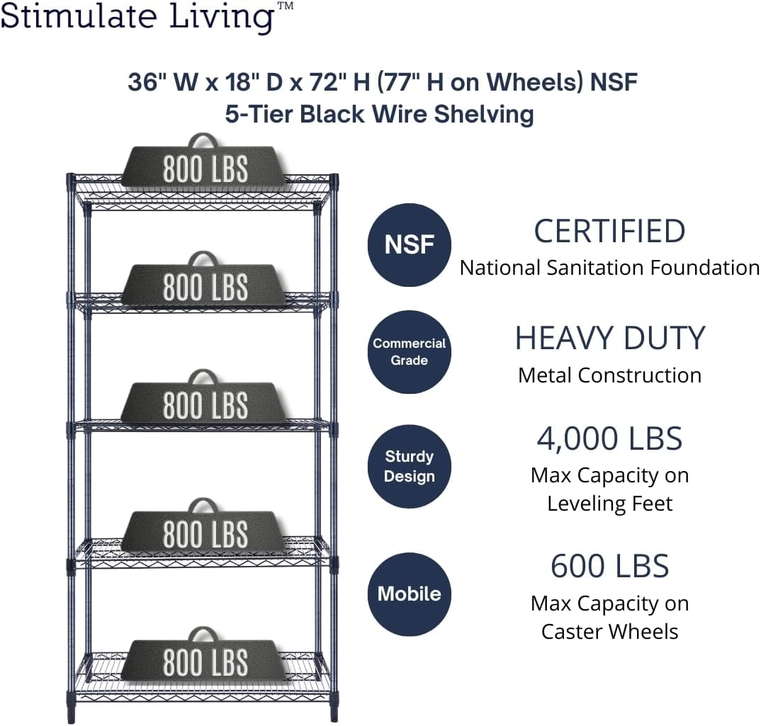 36"x18"x72" Prime Heavy Duty Black 5-Tier Wire Shelving NSF 4000 LBS MAX Capacity Storage Rack for Commercial, Hospital, School, Garage, and Kitchen Uses (with Wheels)
