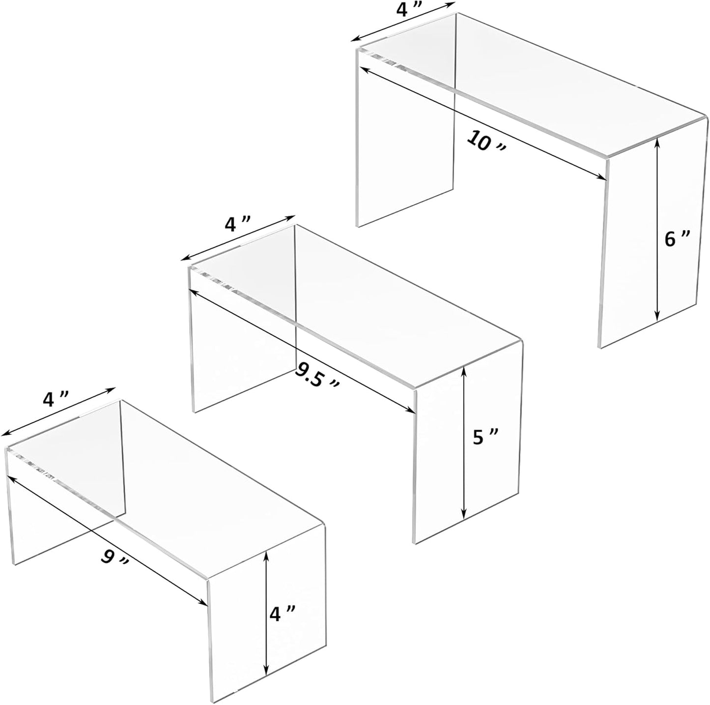 9x9.5x10 Inch Clear Display Risers Shelf 3pcs, Countertop Rectangular Acrylic Display Stands for Funko Pop Figure, Bags, Collectibles