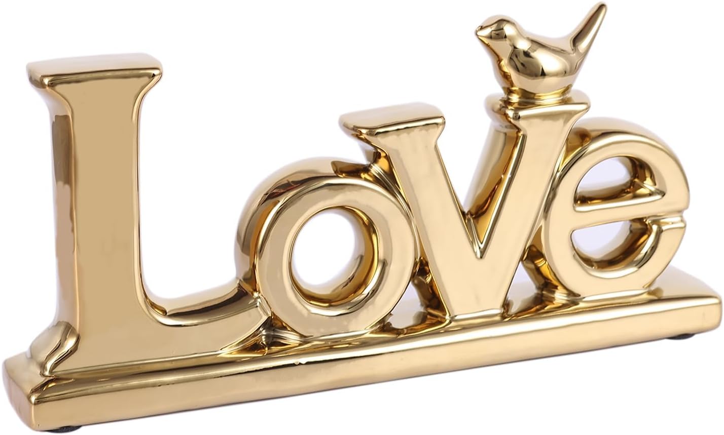 Gold Love Sign Statue - Personalized Home Decor, Bird Sculpture for Living Room, Bedroom, Desktop & Cabinets