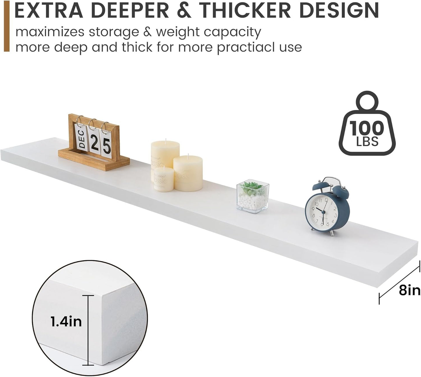 Fun Memories 48 Inch Floating Shelves for Wall, Deep Rustic Solid Pine Wood Shelf - Farmhouse Wall Mounted Display Shelf with Heavy-Duty Metal Bracket, 48" W x 8" D, Set of 1, White