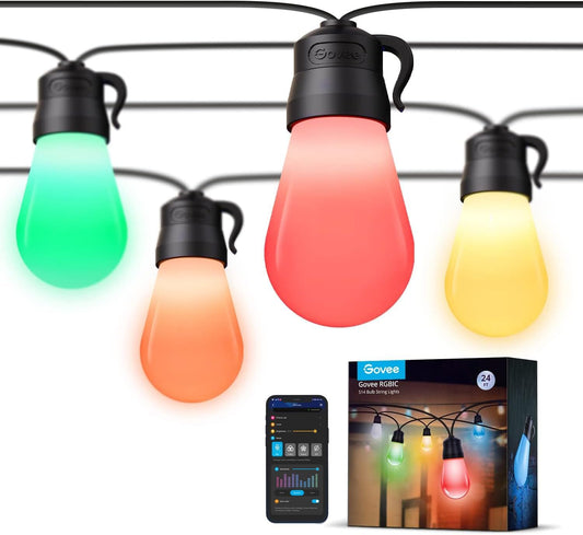Govee Smart Outdoor String Lights H7029, 24ft RGBIC Outdoor Lights with 8 Dimmable LED Bulbs, IP65 Waterproof, Color Changing Warm White Lights with 47 Scene Modes for Patio, Backyard, App Control