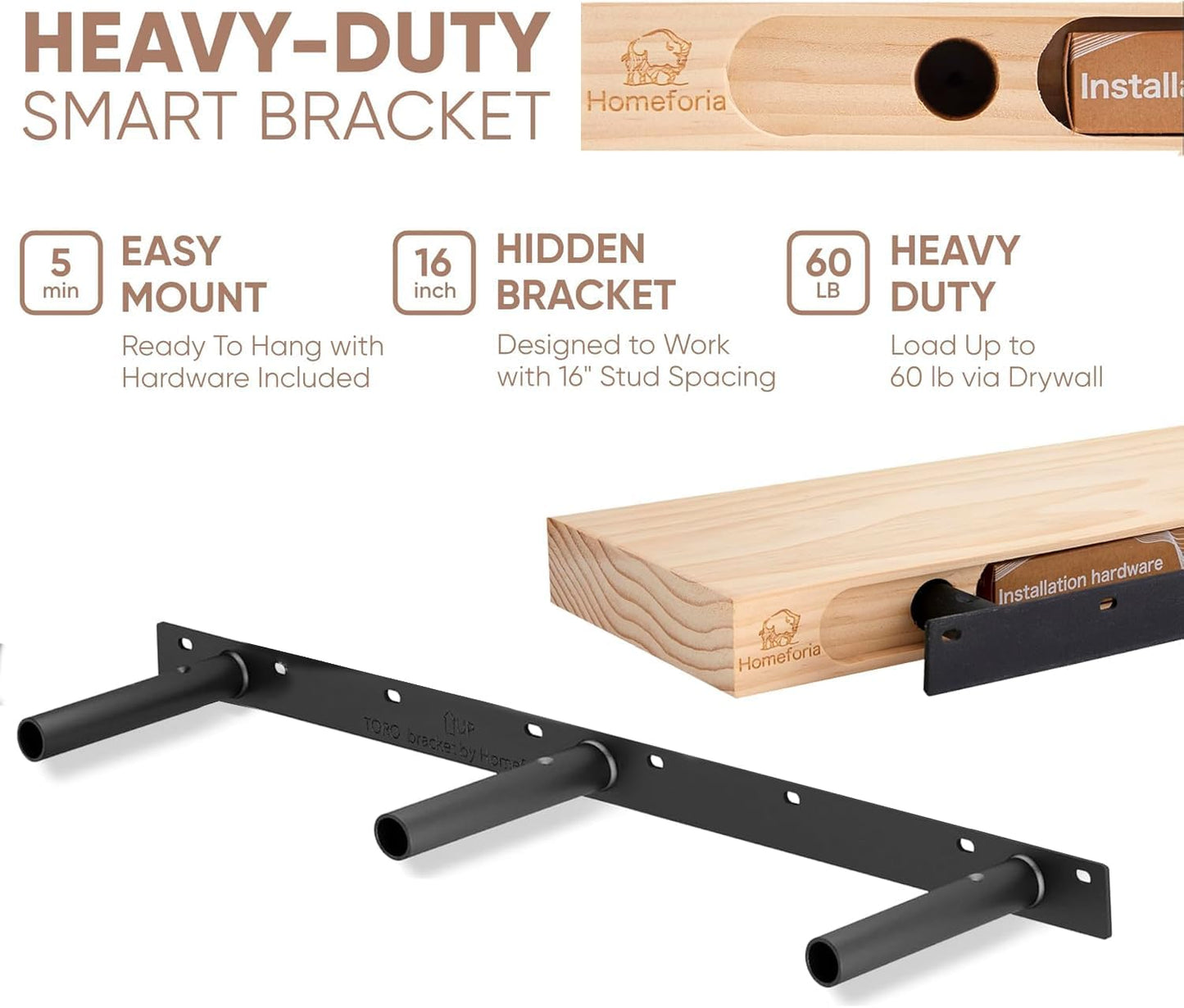 Homeforia Black Floating Shelf 48 inches, High End Solid Real Wood 48 inch Long Floating Shelves for Wall, Black Wooden 48inch Large Floating Shelves, Heavy Duty Bracket, 48 X 6.5 X 1.75 in, Set of 2