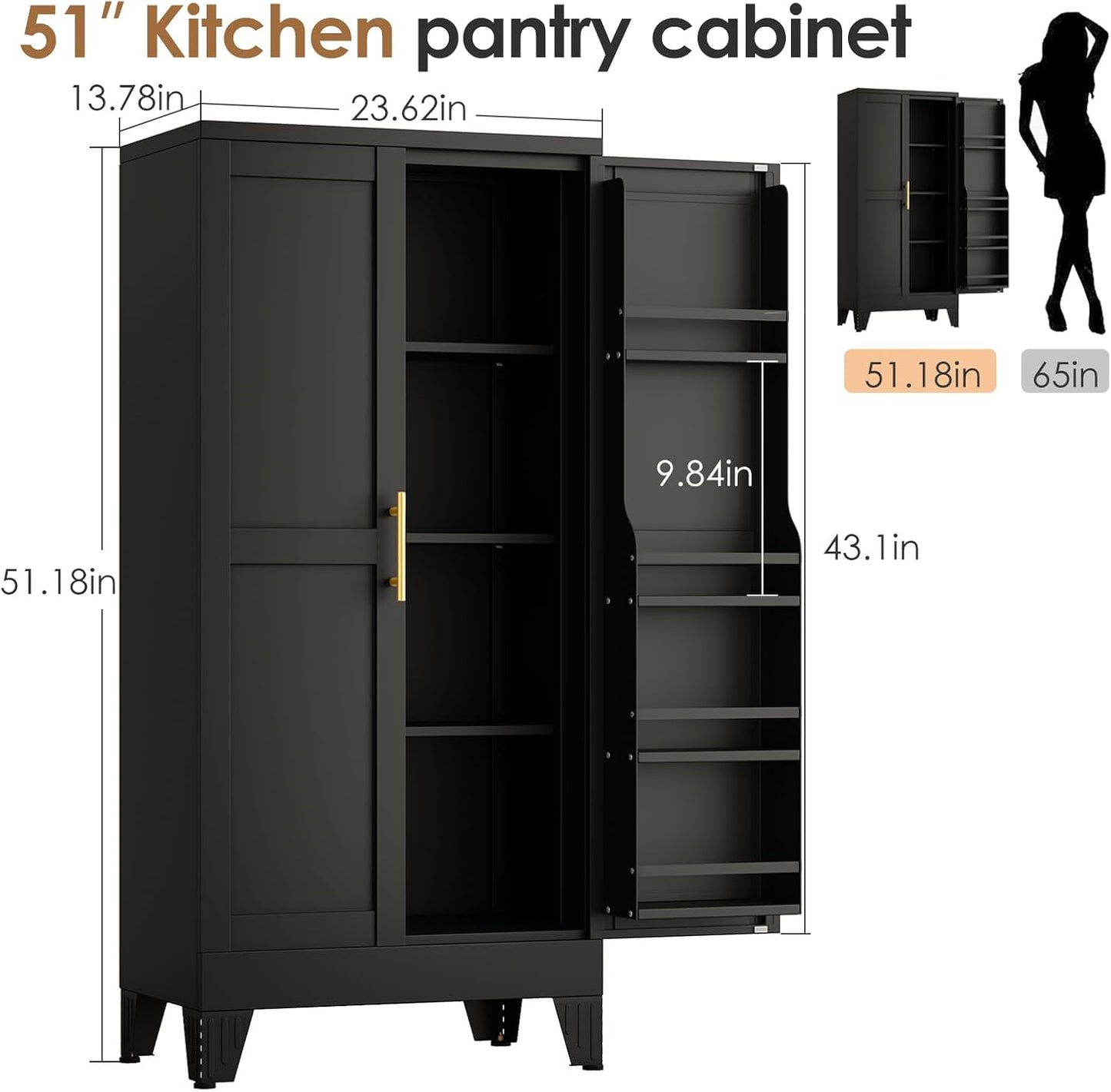 51" Kitchen Pantry Cabinet, Metal Storage Cabinet with 3 Adjustable Layer Shelves, 8 Door Shelves, Buffet Sideboard for Living Room, Kitchen, Black