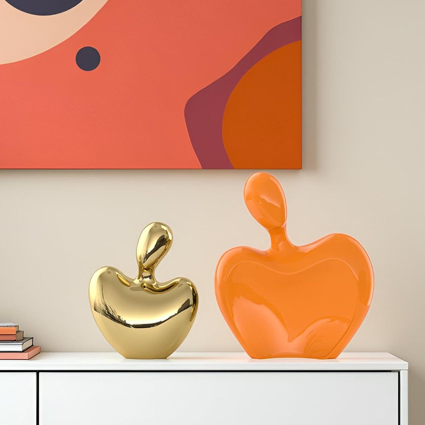 XMGZQ Orange and Gold Ceramic Couple Figurines Home Decor,Wedding Engagement Romantic Gift for Husband Wife,Large Male and Female Love Statue Valentine's Day Birthday,Abstract Hugging Couple