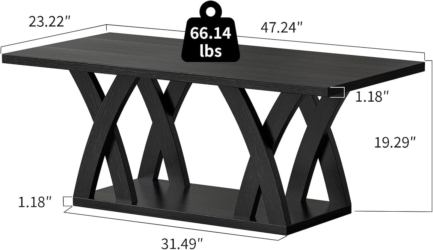 47” Wood Coffee Tables for Living Room Rustic Stands with Storage Shelf Black Coffee Tables for Living Room Farmhouse Center Stands with Shelf Farmhouse Rectangle Center Table