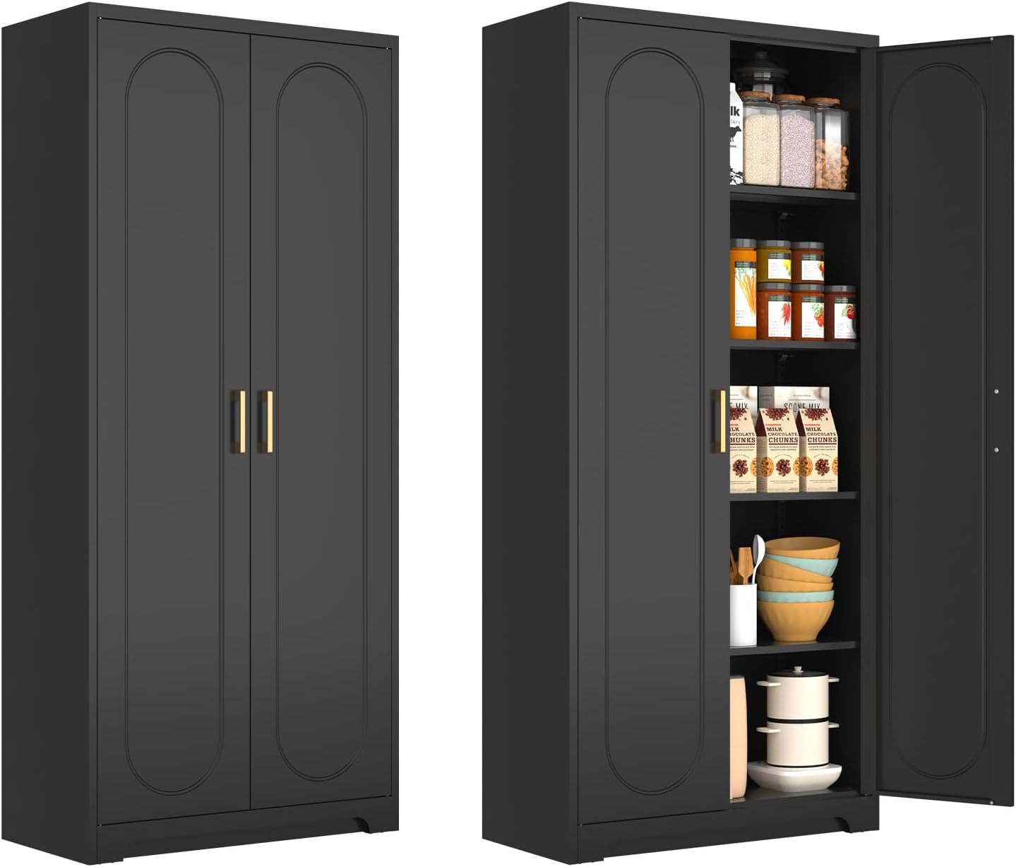 71" Tall Kitchen Pantry Cabinet, Pantry Storage Cabinet with Doors and Shelves, Metal Food Pantry Cabinets with Handles, Black Freestanding Cupboard for Living&Dining Room-Assemble Required