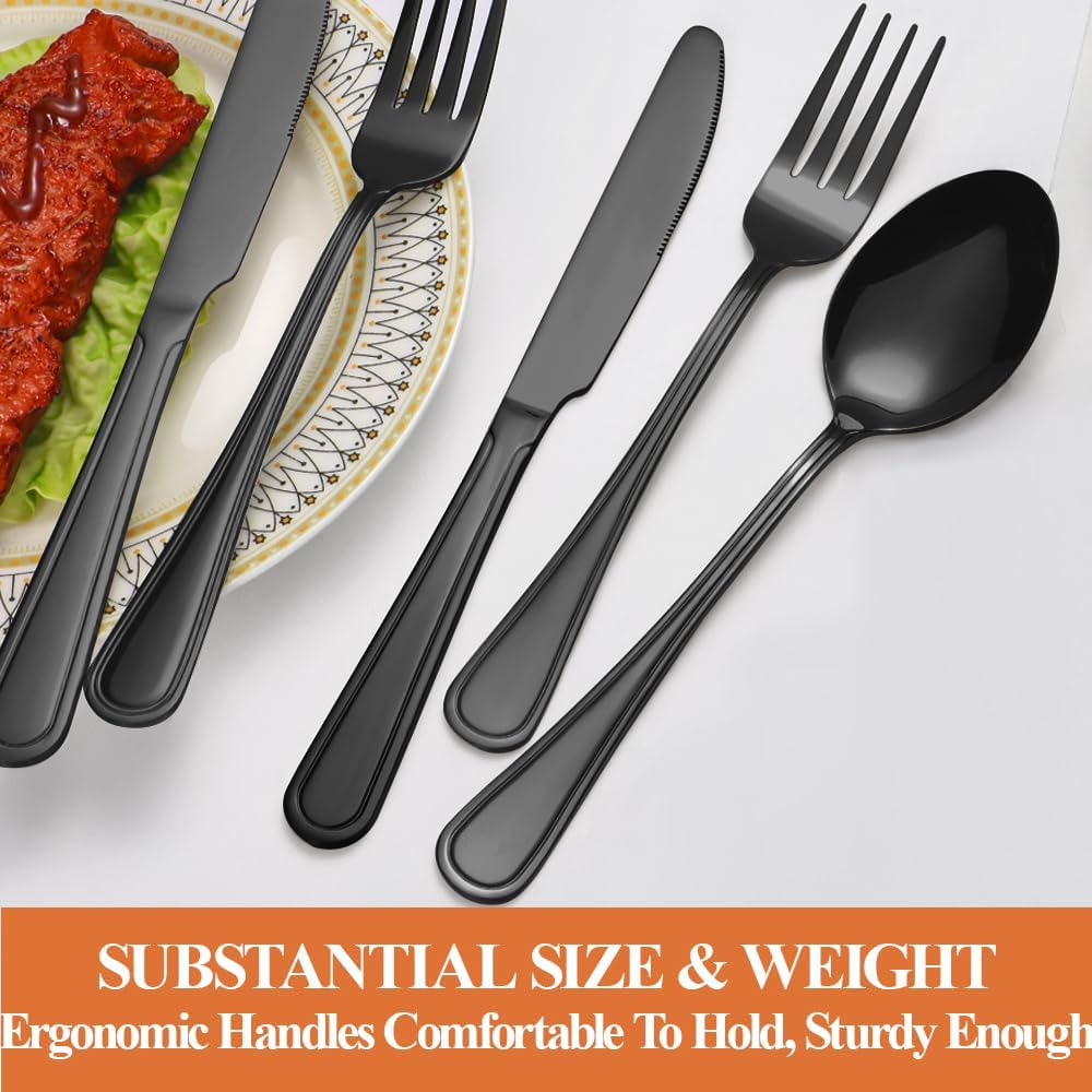 20 Pcs Black Silverware Set for 4 with Simple Striped Handle Design, Food Grade Stainless Steel Flatware Set, Eating Utensils Sets Include Fork/Knife/Spoon, Cutlery Set, Dishwasher Safe
