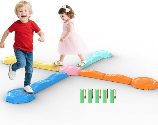 Holyton Music Light Up Balance Beam and Toddler Stepping Stones 13 Pieces, Non-Slip Plastic Balance Stackable Stepping Stones for Kids, Sensory Toys for Toddlers, Indoor or Outdoor Play, Easy Storage