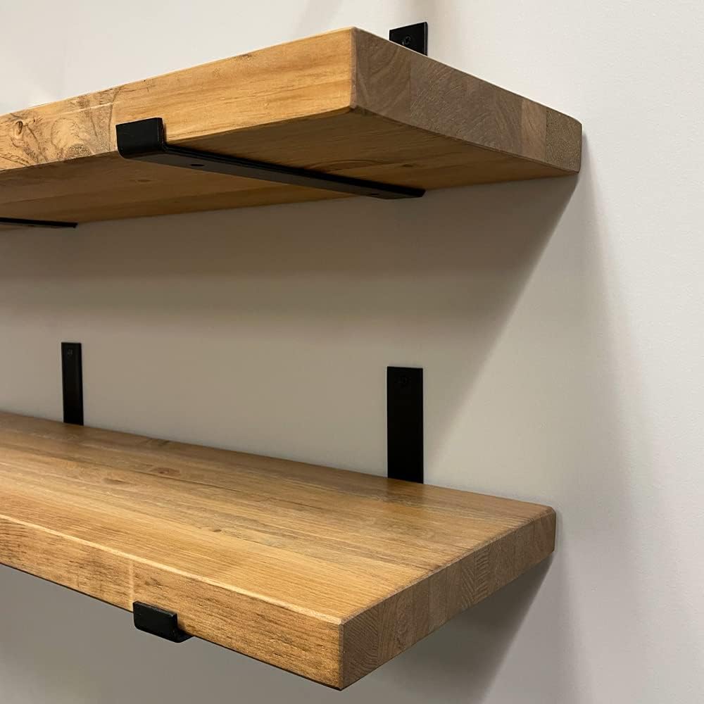 Rustic Shelves with J-Brackets Set of 2, Industrial Shelf, Kitchen Shelves, Solid Wood, Decorative Wall Storage, Heavy Duty, URBANDI (Brown, 24Wx6D)
