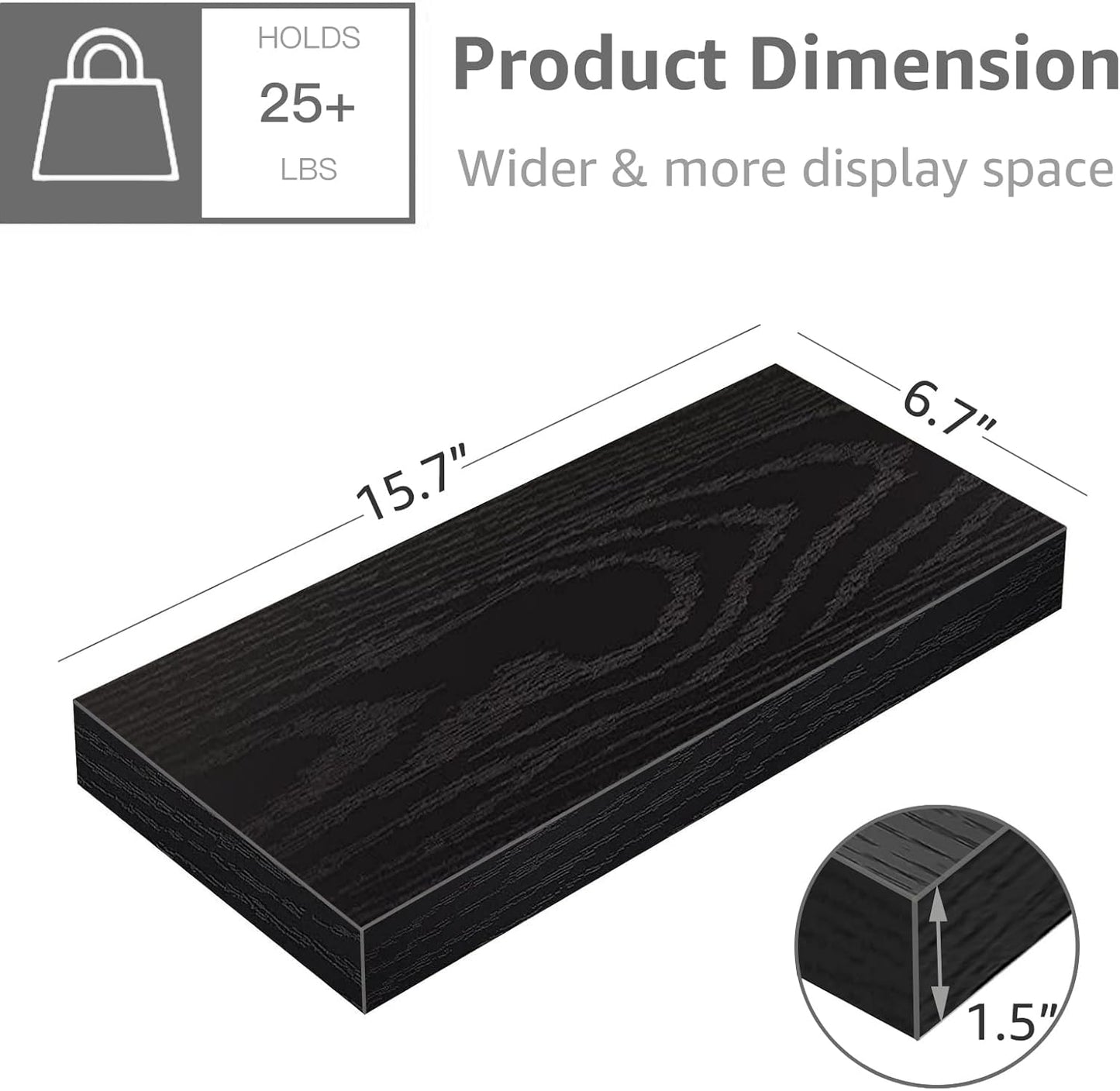 QEEIG Floating Shelves for Wall Bathroom Shelf Bedroom Kitchen Living Room Hanging Book Shelves Small Farmhouse Decor 16 inch Set of 3, Black (015-B3)