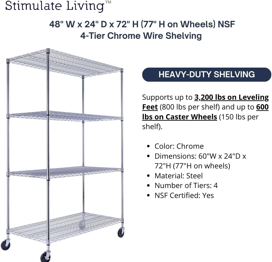 48"x24"x72" Prime Heavy Duty Chrome 4-Tier Wire Shelving NSF 3200 LBS MAX Capacity Storage Rack for Commercial, Hospital, School, Garage, and Kitchen Uses (with Wheels)